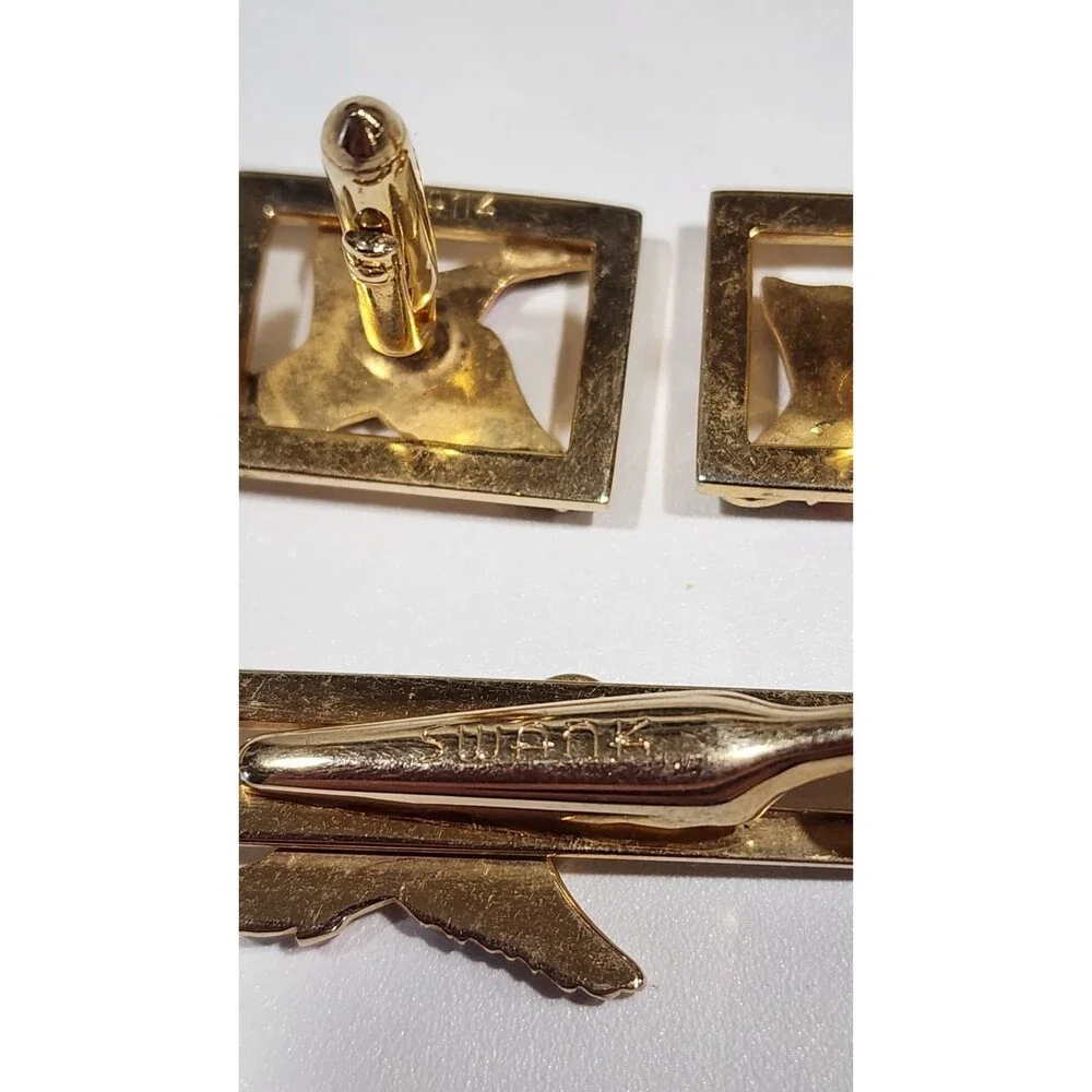 Vtg Swank Tie Clip Cuff Links Gold Tone Flying Mallard Duck Open